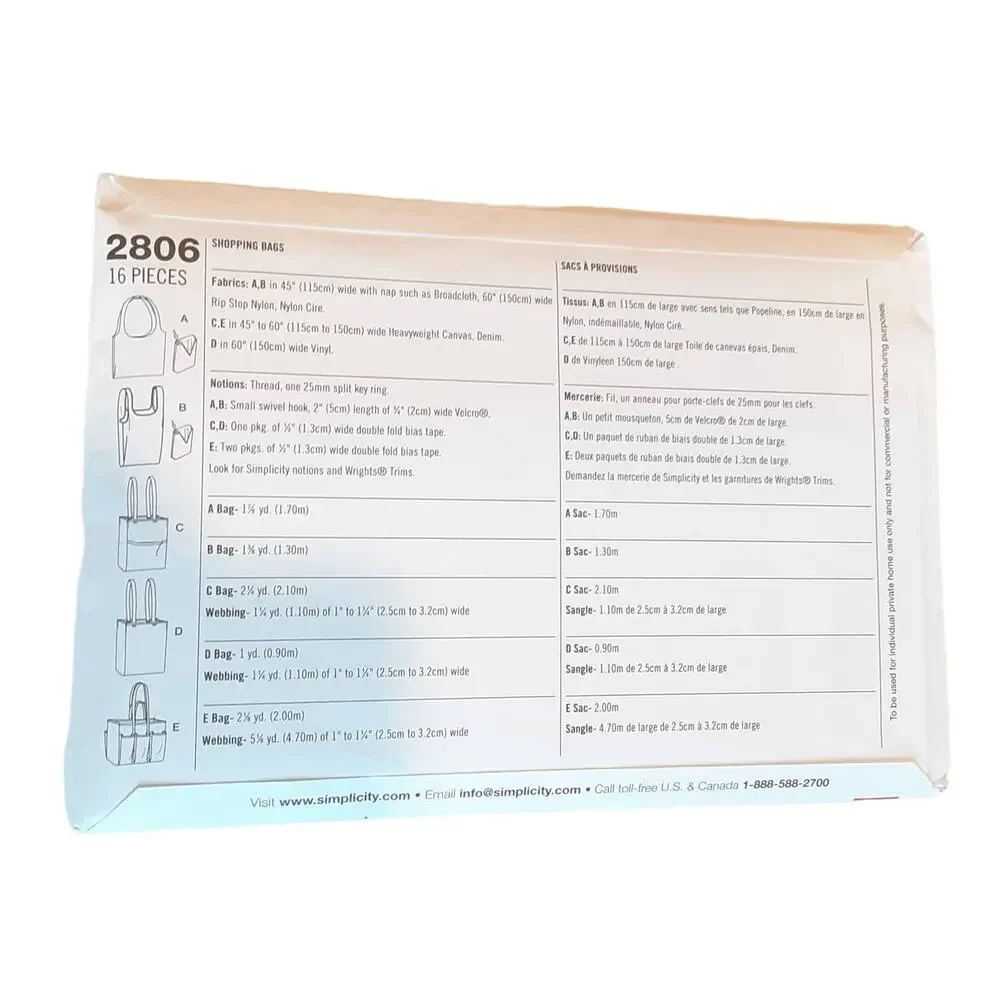 Simplicity 2806 Packable Tote Bag Variations Reusable Shoulder Bag Pattern
